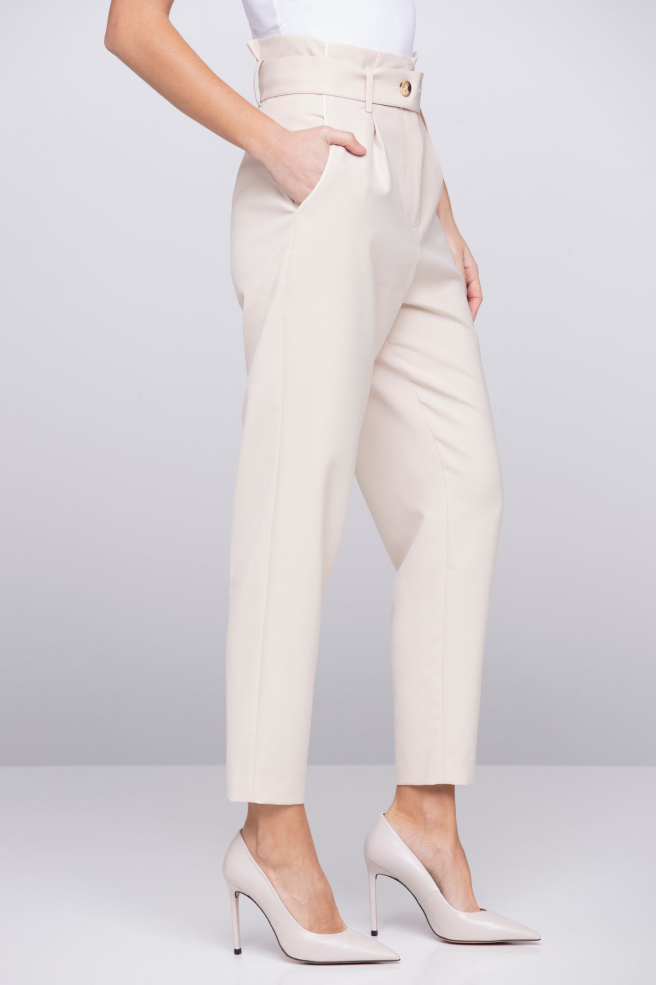 high waisted beige trousers