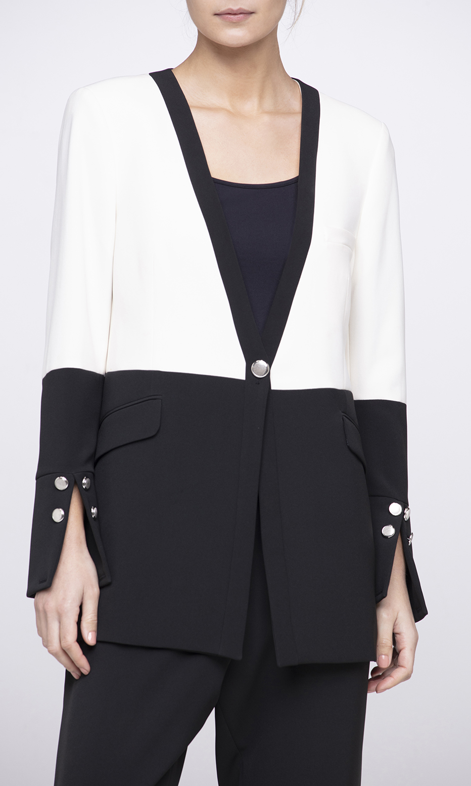 lapel-less black and white structured blazer