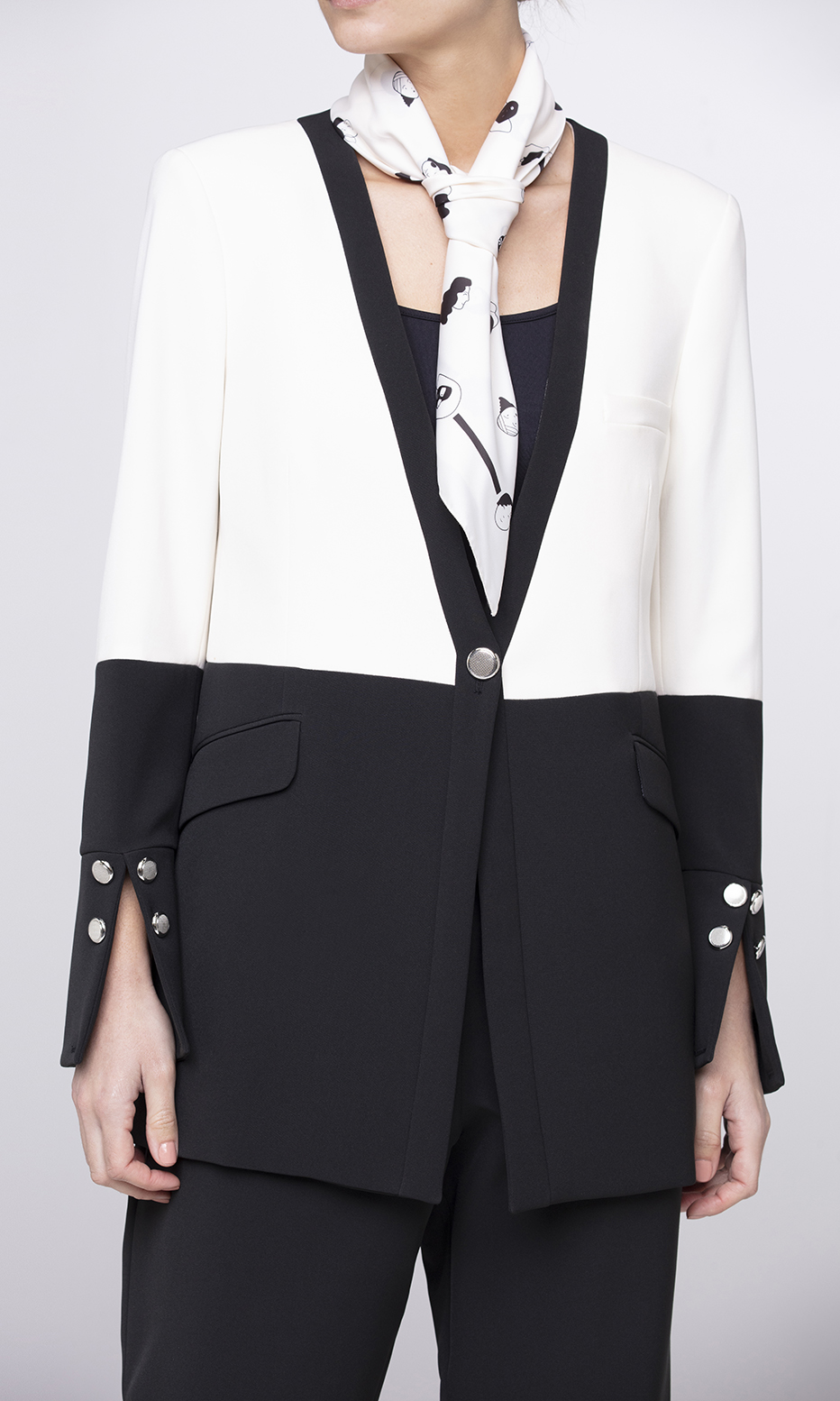 lapel-less black and white structured blazer