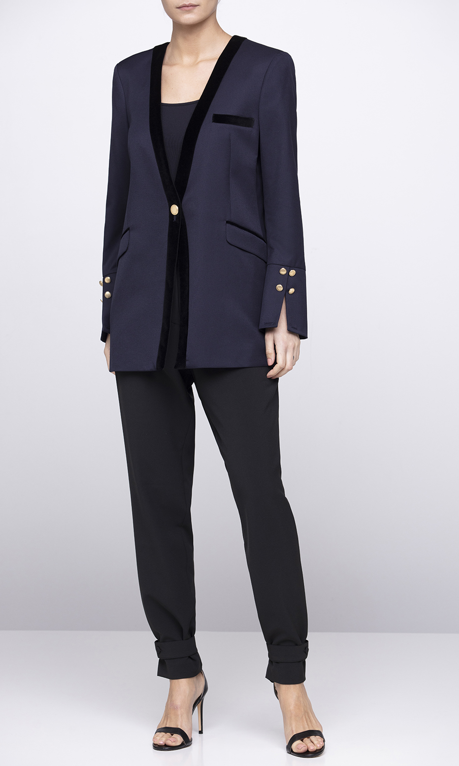 lapelless blazer with contrast piping