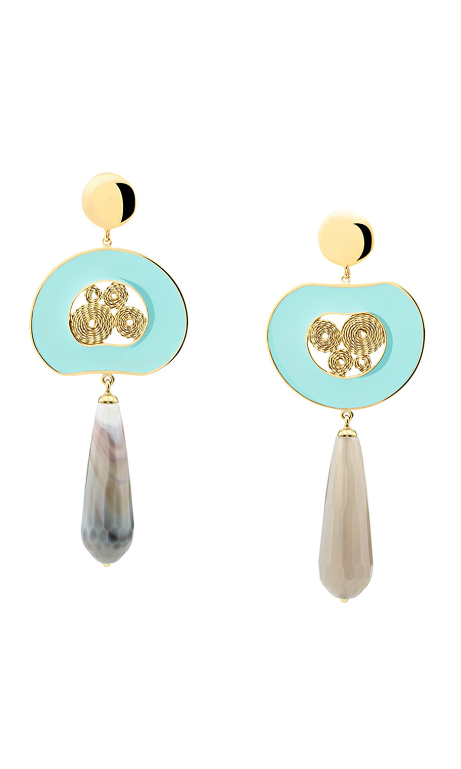perola long earring in gold and enamel with moonstones