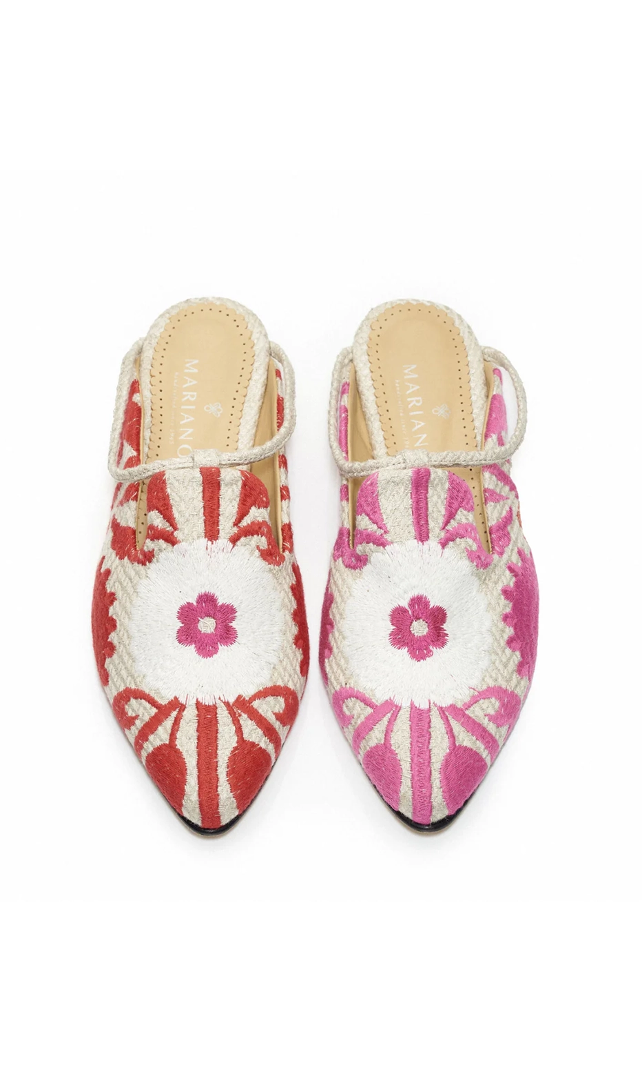 mismatched embroidered mules